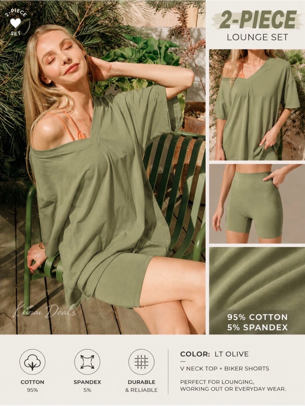 Zenana Outfitters Olive V-Neck Short Sleeve Top with Matching Shorts Cotton